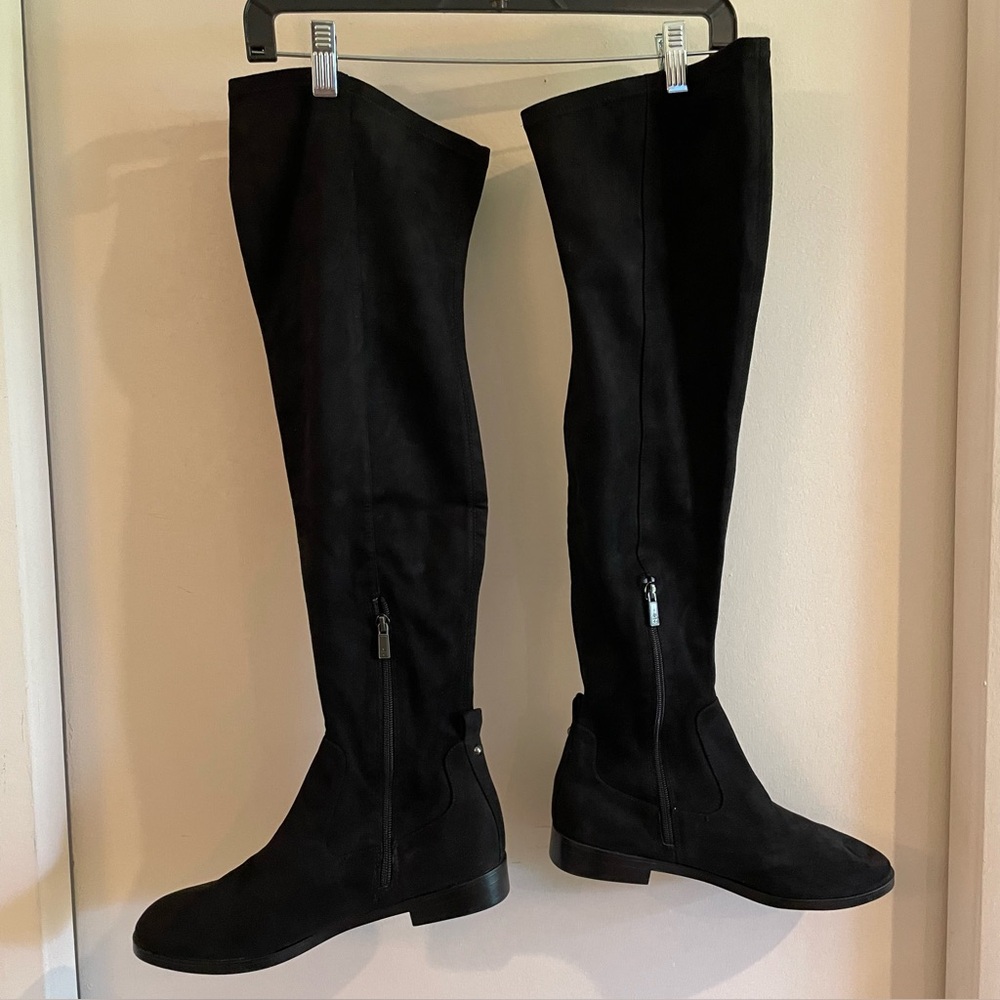 Kenneth Cole vegan suede thigh high soft blk boots, almond toe, inside zip 8.5